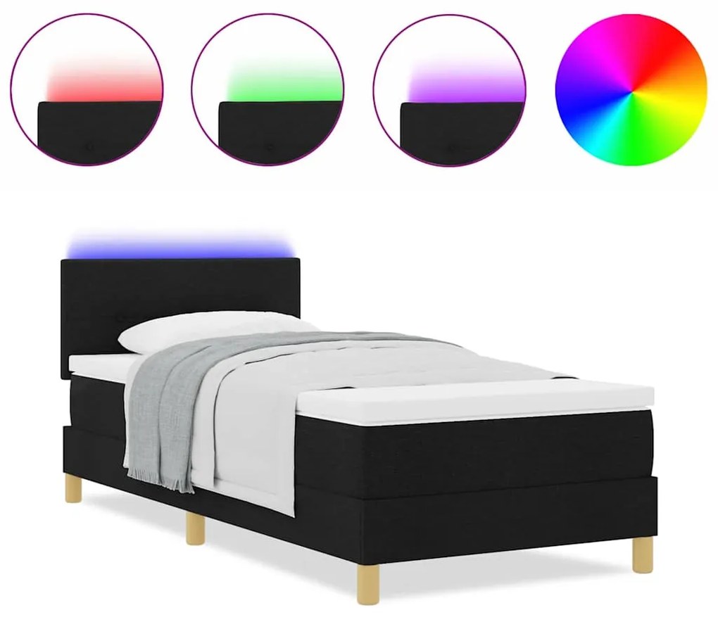 Cama Box Spring com Colchão e LED Preta 90x190 cm Tecido