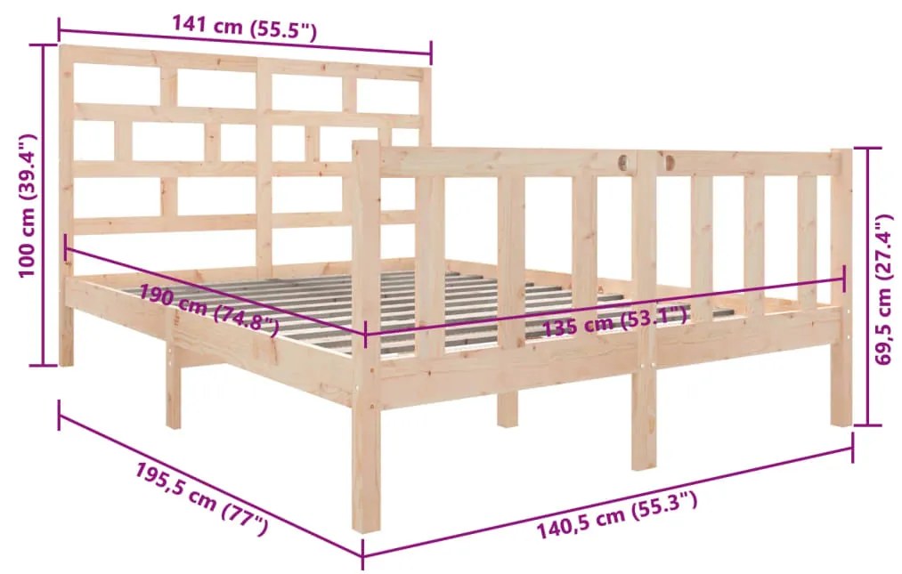 Estrutura de cama casal 135x190 cm pinho maciço