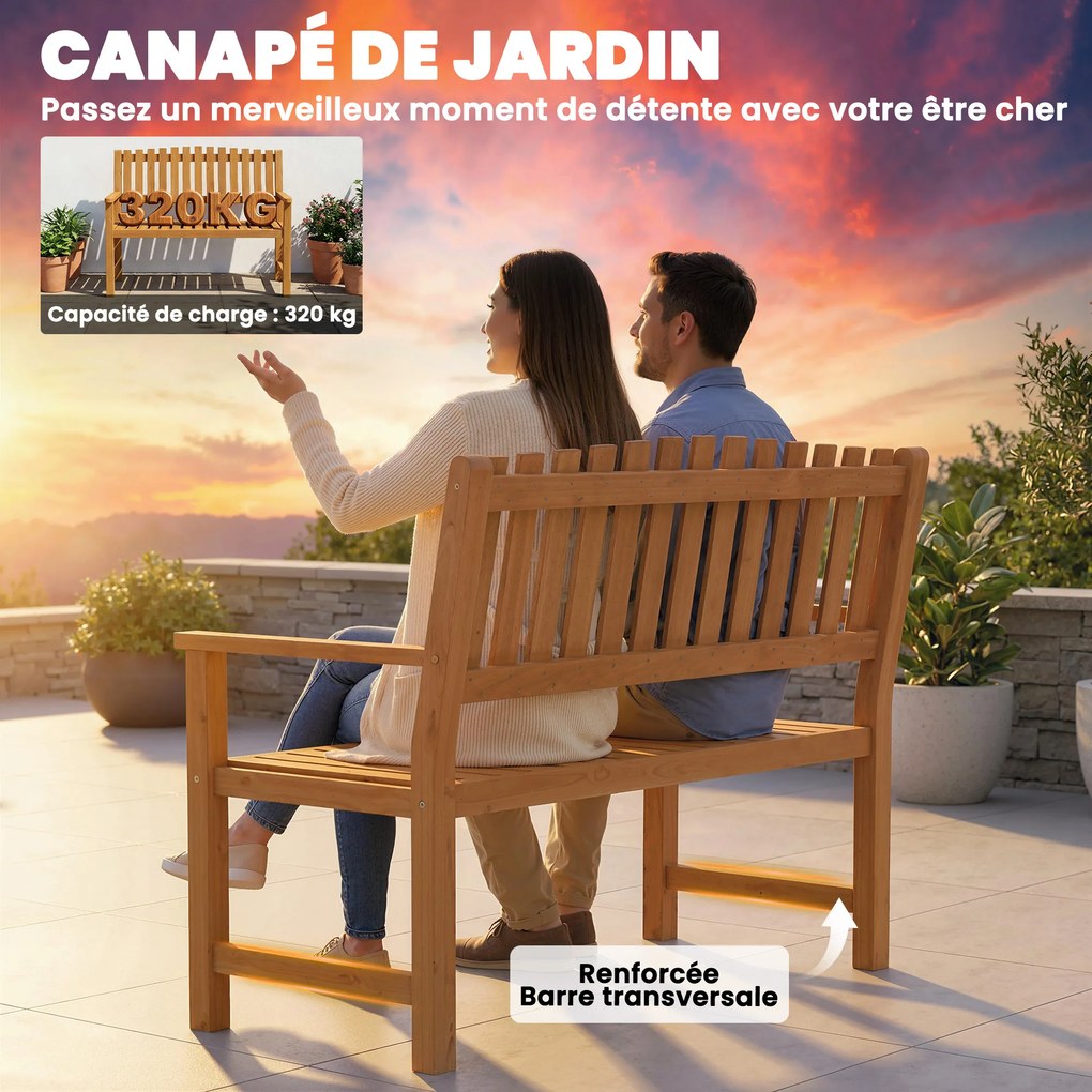 Banco de jardim 112 x 64 x 92 cm, de 2 lugares, carga máxima de 320 kg, com braços, madeira de acácia natural