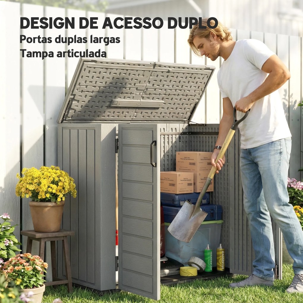 Abrigo de Jardim Exterior de HDPE 940L com Tampa Dobrável e 2 Portas, Fecho para Armazenamento 142x67x119 cm Cinzento Claro