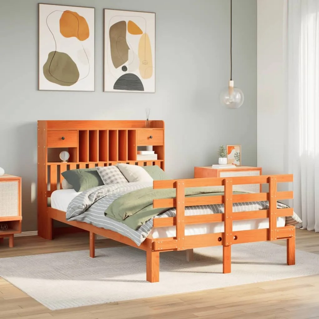 vidaXL Cama com estante sem colchão 135x190 cm pinho maciço