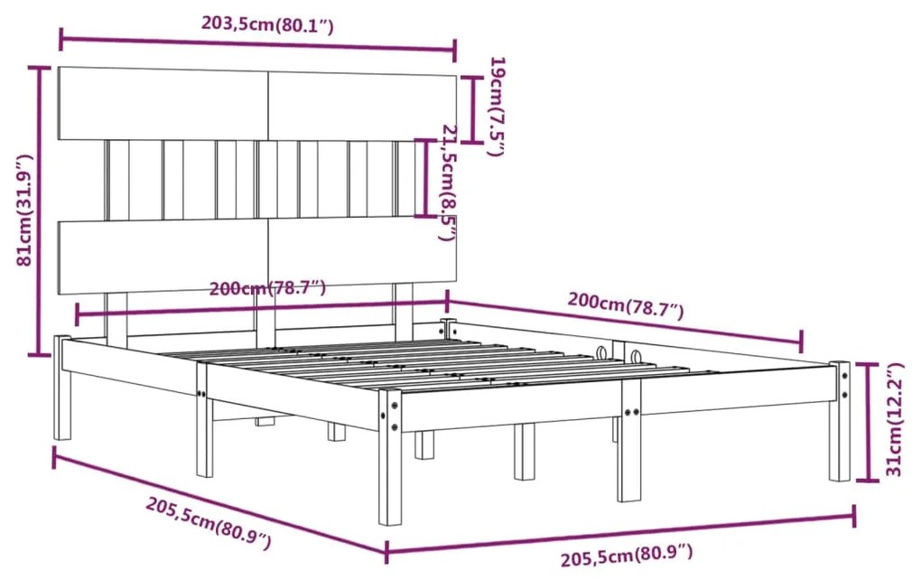 Estrutura de cama 200x200 cm madeira maciça cinzento