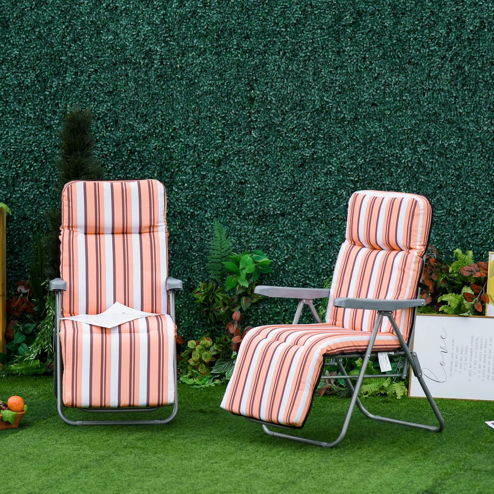 Outsunny 2 Espreguiçadeiras de Jardim Dobráveis Espreguiçadeiras de Aço com Almofada Acolchoada Encosto Ajustável em 5 Posições e Apoio para os Pés 60x75x65-102cm Laranja e Branco