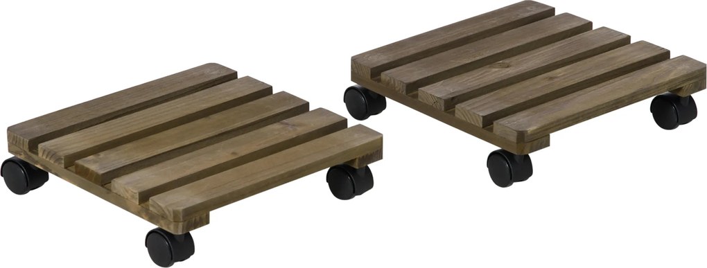 Outsunny Conjunto de 2 Suportes de Madeira com Rodas para Plantas Vasos de Interior e Exterior Carga 50 kg Castanho Escuro | Aosom Portugal