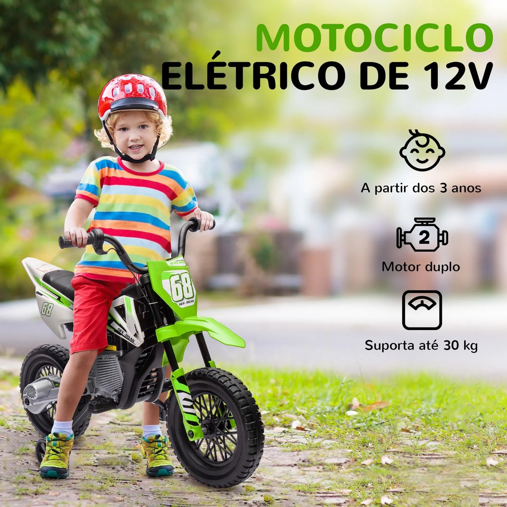 Mota Elétrica para Crianças 3 anos a 5/6 anos (até 30 kg) com Bateria 12V Música Velocidade 2,4-5 km/h e Rodas Auxiliares 107x56x70 cm Verde