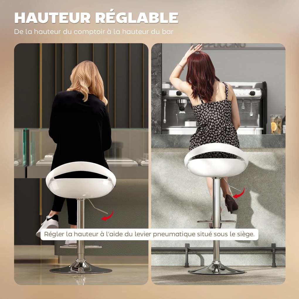 Conjunto de 2 bancos de bar com altura ajustável, encosto e apoio para os pés, giratórios a 360°, 46x41x76-96 cm, branco