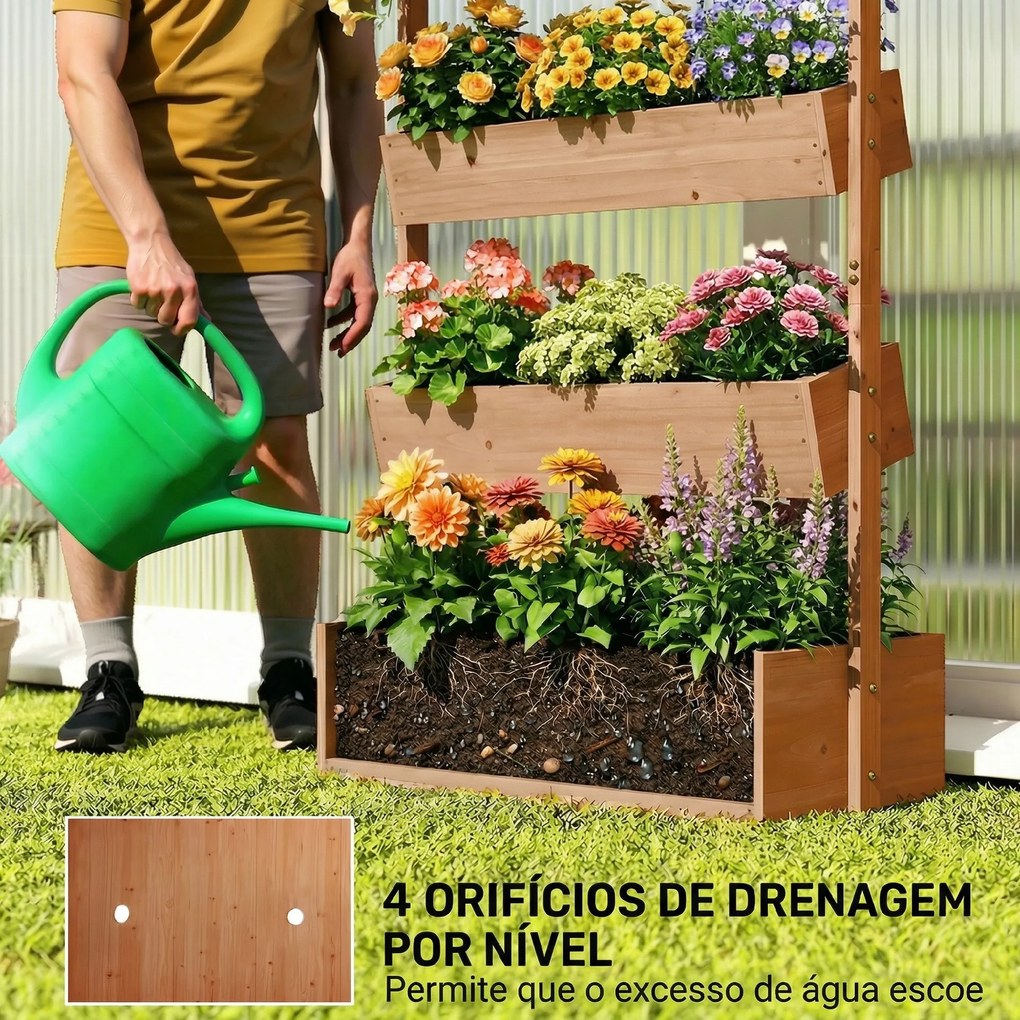 Floreira de Madeira de 4 Níveis Canteiro Elevado Exterior com Orifícios de Drenagem Tecido Não Tecido Castanho