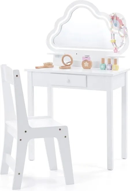 Conjunto de Toucador Infantil com Cadeira, 59 x 35 x 103,5 cm, Espelho em Forma de Nuvem com Luz LED, Branco