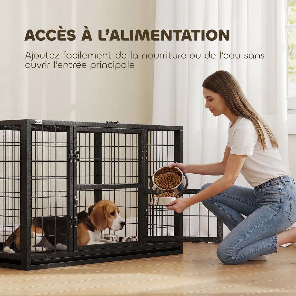 Gaiola robusta para cães 94 x 60 x 64 cm, casota interior com compartimentos abertos e porta para alimentação, em aço , preta