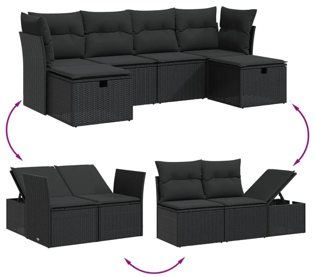 6 pcs conjunto sofás de jardim c/ almofadões vime PE preto