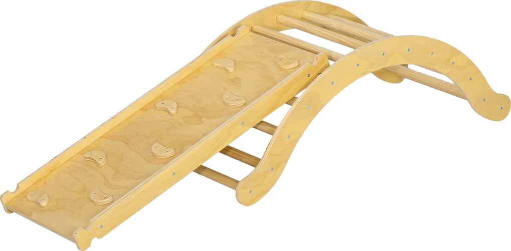 Arco de escalada infantil 4 em 1, cadeira de baloiço, rampa de escalada de dupla face e almofada, 168 x 49,5 x 39,5 cm, madeira natural