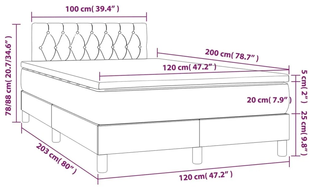 Cama box spring c/ colchão/LED 120x200 cm veludo azul-escuro