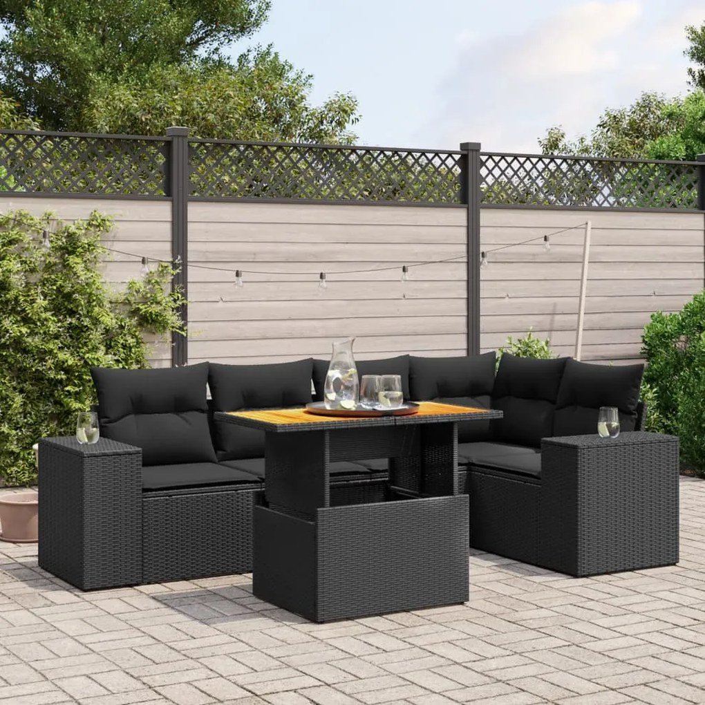 6 pcs conjunto sofás de jardim c/ almofadões vime PE preto