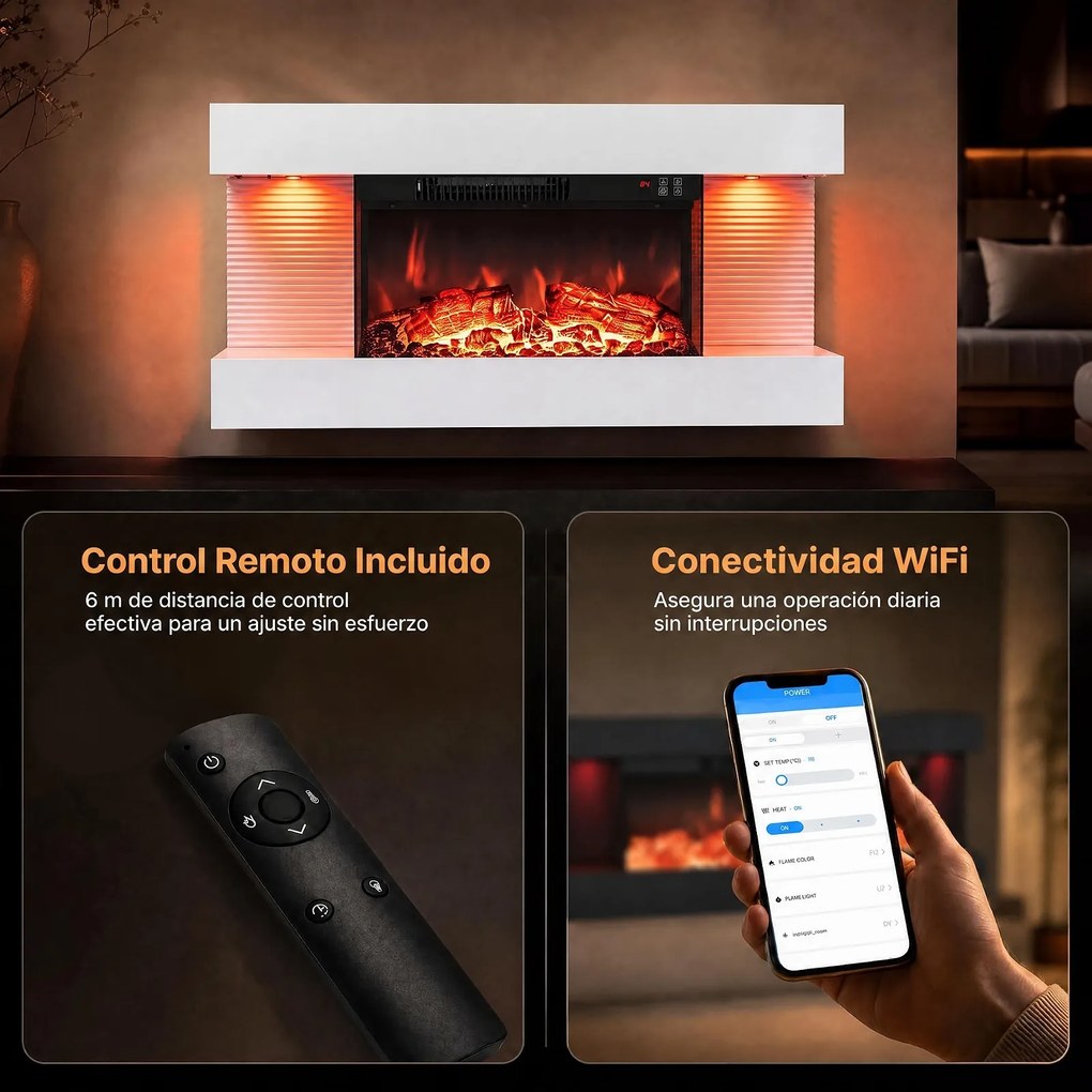 Lareira Elétrica de Parede com Vista por Três Lados, 82 x 20,6 x 41,8 cm, Controlo por Wi-Fi, Branco