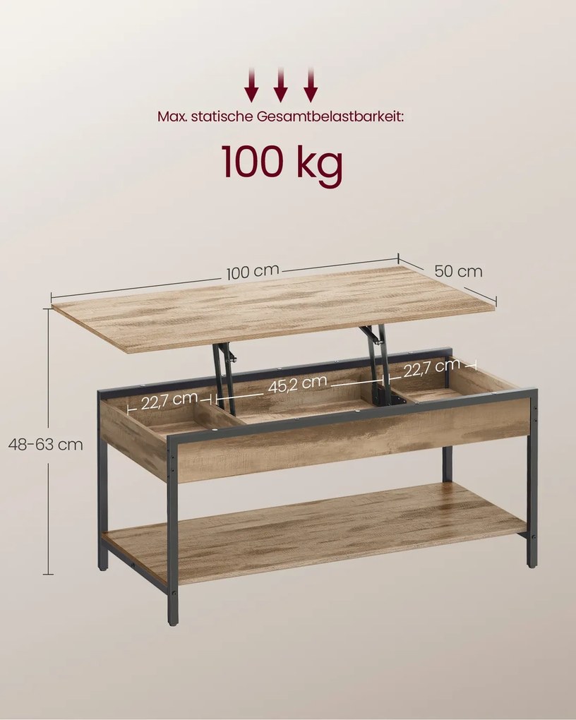 Mesa de centro com altura ajustável, 50 × 100 cm, com compartimento, castanho-camelo e Preto