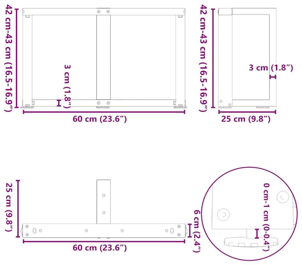 Pés para mesa de centro em forma de T, 2 peças, antracite, 60x25x(42-4