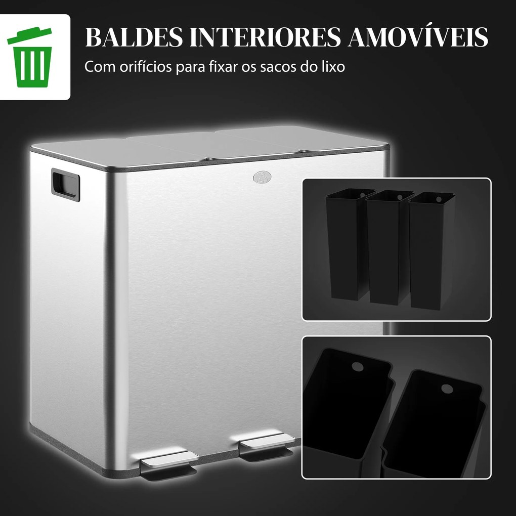 Balde de Lixo de Cozinha com 3 Compartimentos 3x15L Cubo de Lixo de Aç