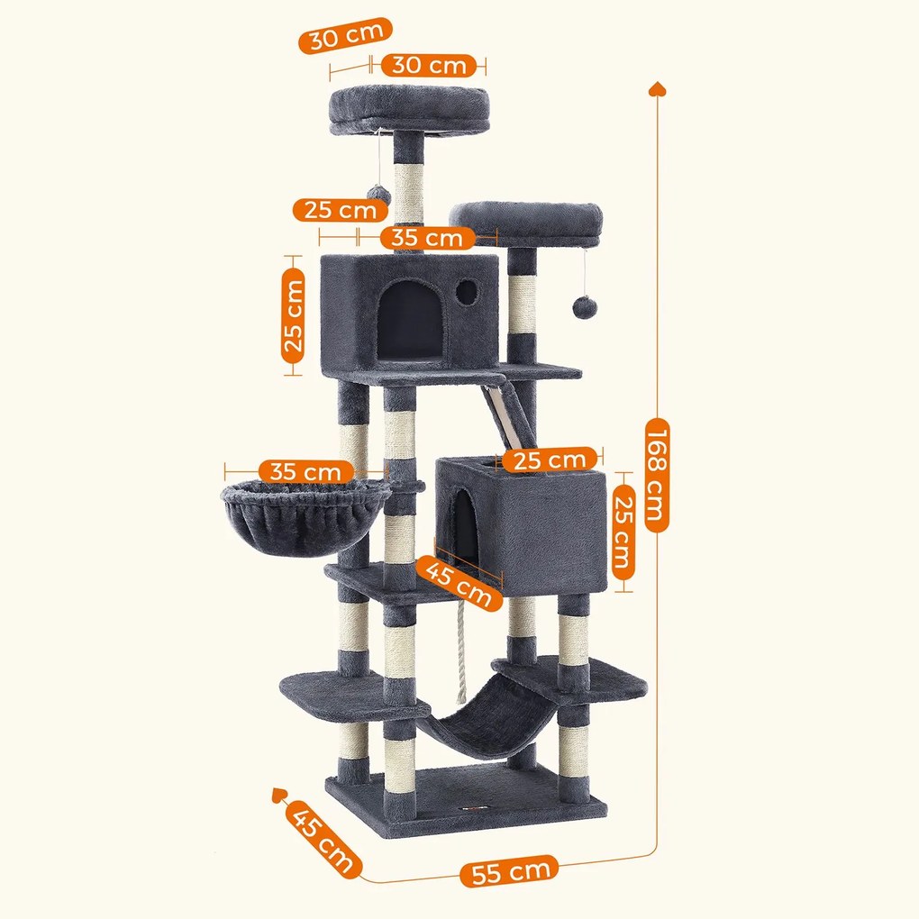 Arranhador Gatos 55 x 45 x 168 cm com 2 grutas Cinzento fumado