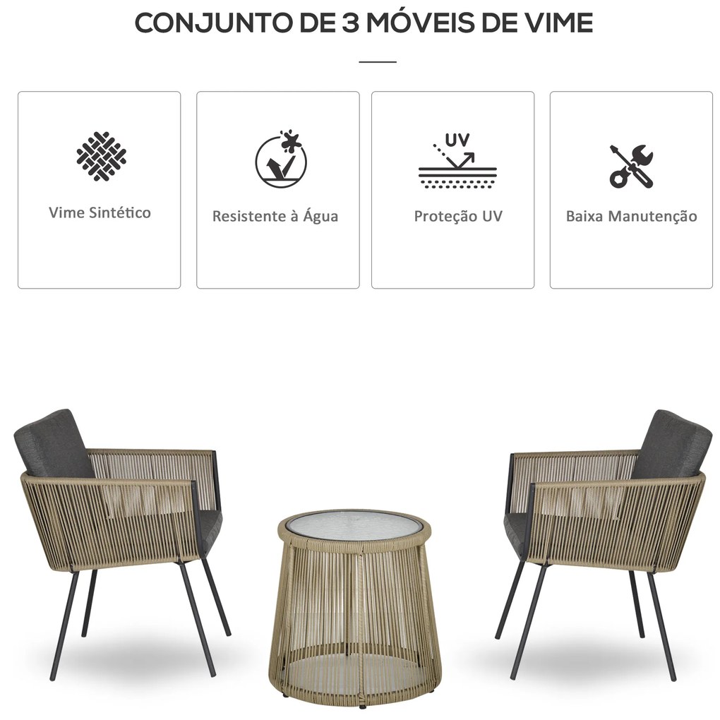 Conjunto de Móveis de Vime Conjunto de Móveis para Jardim 3 Peças Mesa Redonda e 2 Poltronas com Almofadas Cinza Claro e Castanho