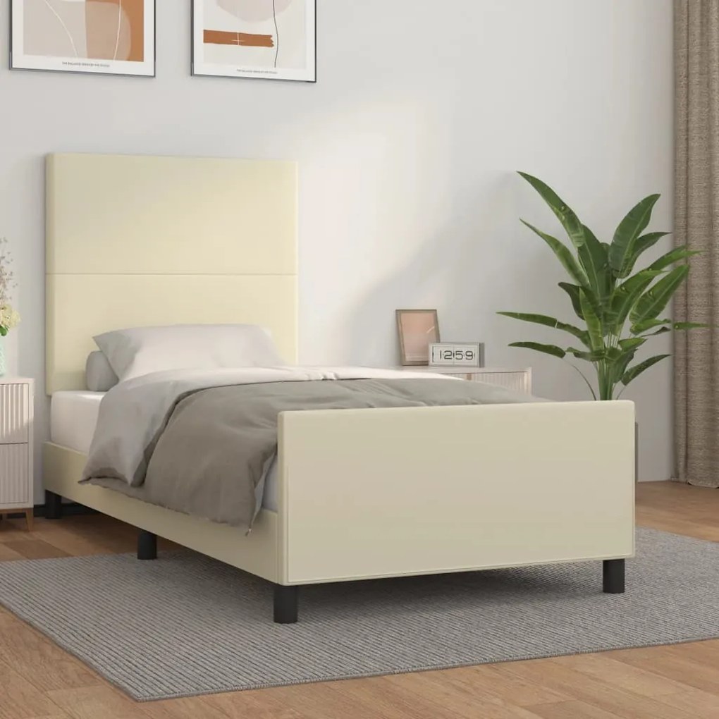 Estrutura de cama c/ cabeceira couro artificial 90x200 cm creme