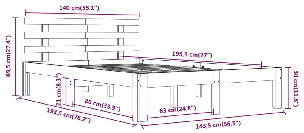 Estrutura de cama 140x190 cm madeira maciça branco