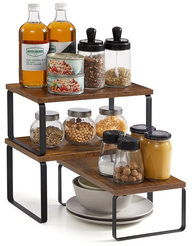 Conjunto de 3 prateleiras cozinha para especiarias empilháveis e extensíveis, castanho vintage-preto