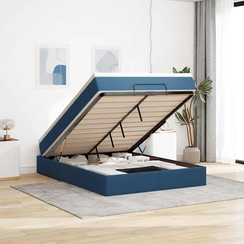 Estrutura de cama otomana com colchão tecido azul 140x200cm