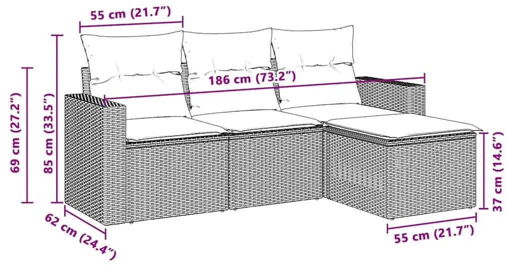4 pcs conj. sofás jardim c/ almofadões vime PE cinzento-claro