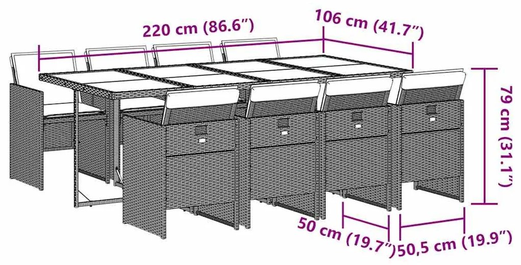 9 pcs conjunto de jantar p/ jardim c/ almofadões cinzento claro