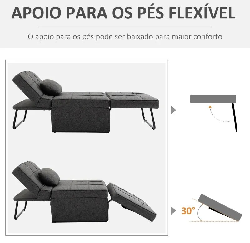 Sofá-Cama "Açores" 3 em 1 - Cinza - 95x179x78 cm - Linho e Metal - Des