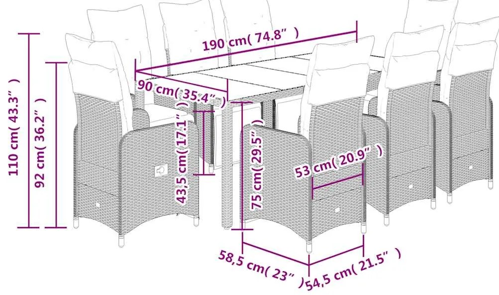 9 pcs conjunto bistrô de jardim c/ almofadões vime PE castanho