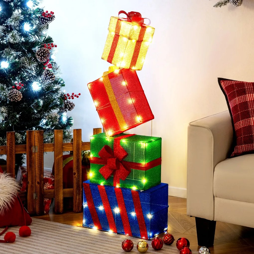Conjunto de 4 caixas de presente iluminadas de Natal luminosas com laços coloridos 52 luzes LED brancas quentes multicoloridas