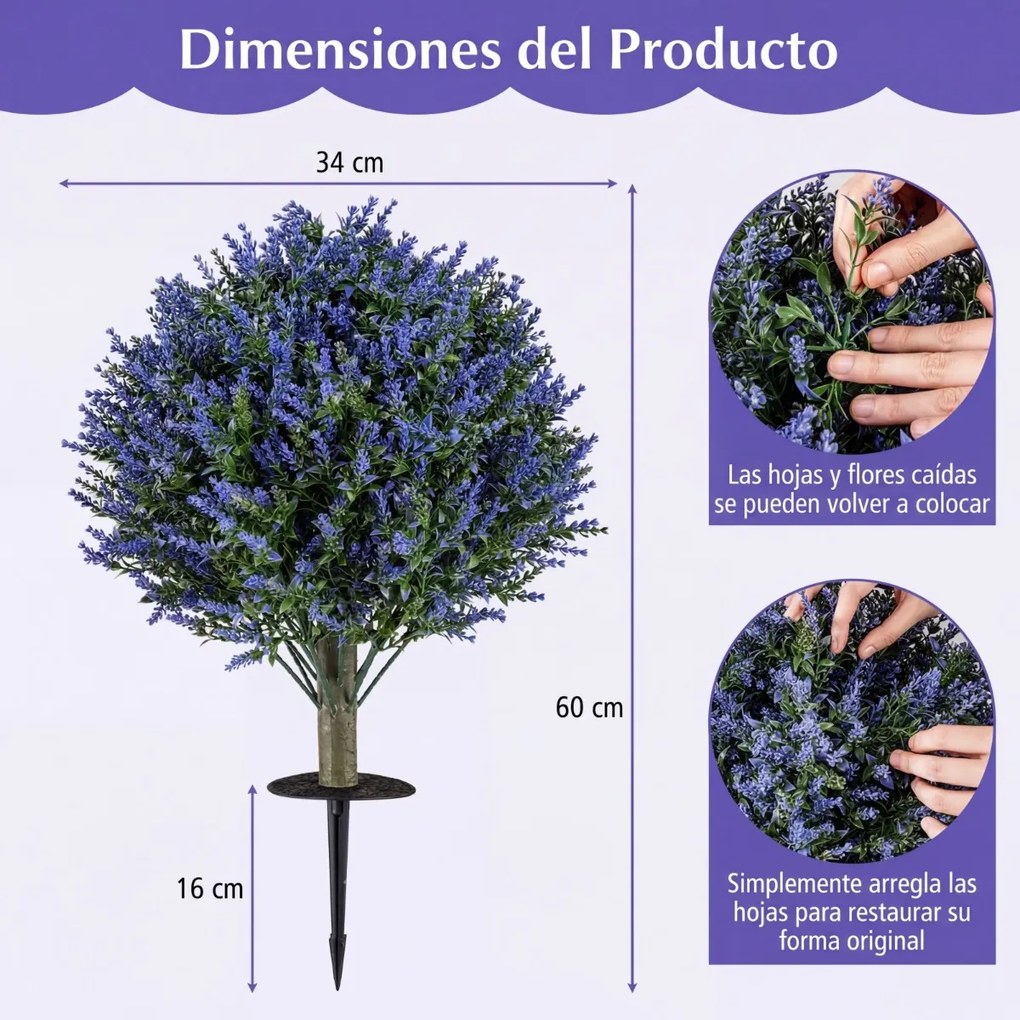 Conjunto de 2 árvores artificiais de lavanda realistas com estacas de 60 cm para interior (VASOS NÃO INCLUIDOS), exterior, alpendre, jardim e pátio