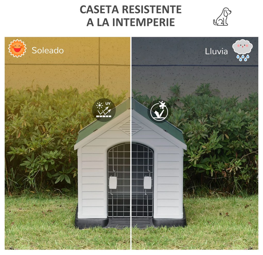 PawHut Casota de Cães Medianos com Porta Metálica Fechadura Teto Inclinado e Base Elevada para Interior e Exterior 78x87x81cm Branco e Verde
