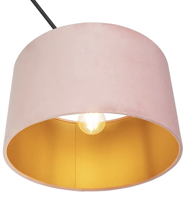 Candeeiro de suspensão preto com abajur de veludo rosa antigo com dourado 35 cm - Blitz Clássico / Antigo