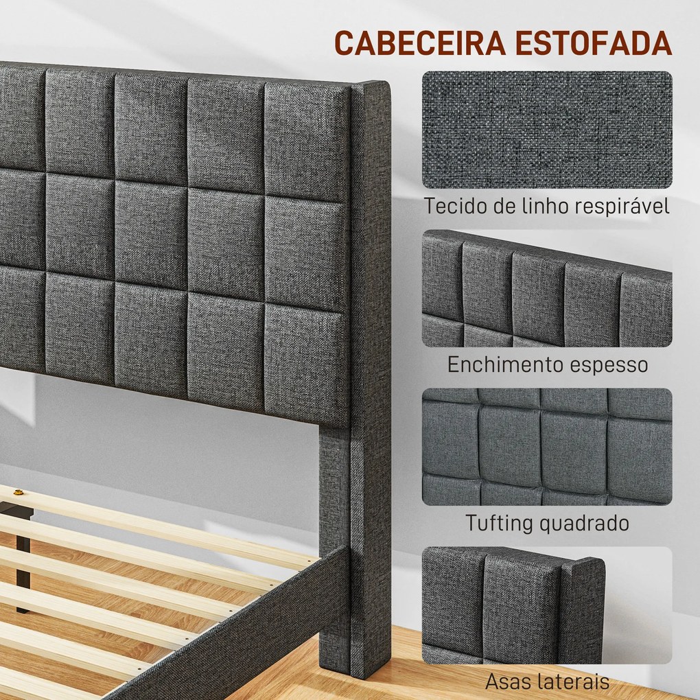 Estrutura de Cama 135x190 cm com Cabeceira Estofada em Linho e Espaço de Armazenamento Debaixo da Cama Cinza