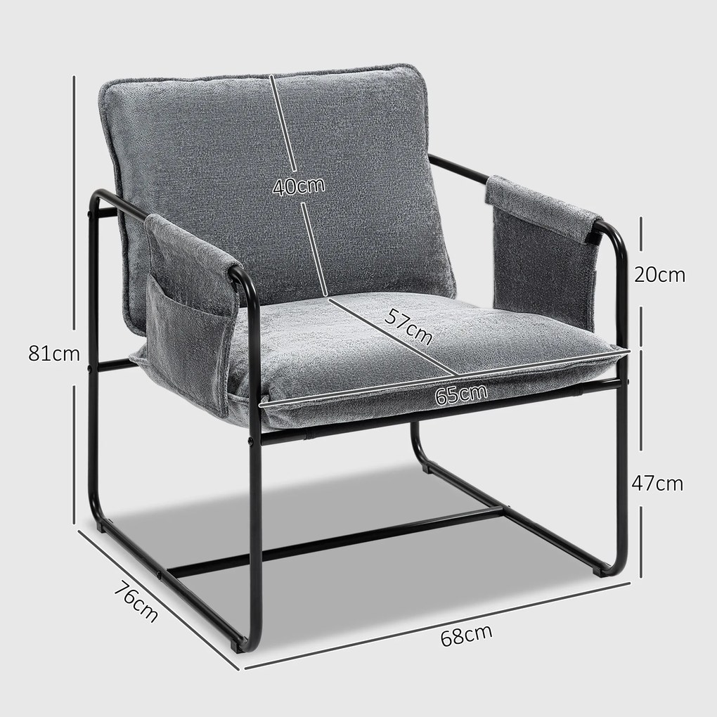 Poltrona Sala de Estar com Apoio para os Braços Bolso Lateral e Estrutura de Aço Poltrona para Dormitório 68x76x81 cm Cinza