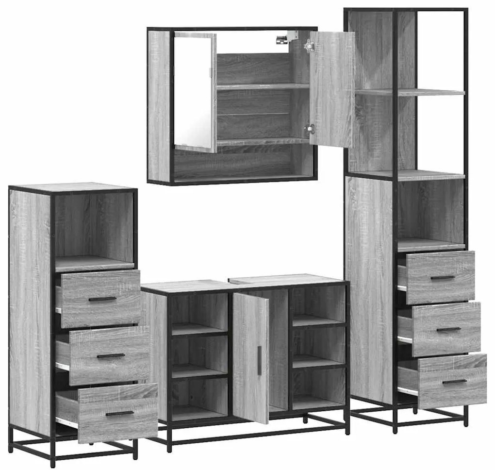4 pcs Conjunto móveis casa de banho madeira proc. cinza sonoma