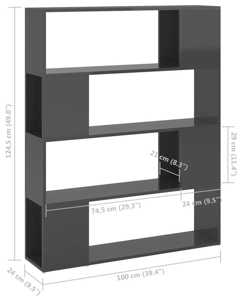 Estante/divisória 100x24x124 cm cinzento brilhante