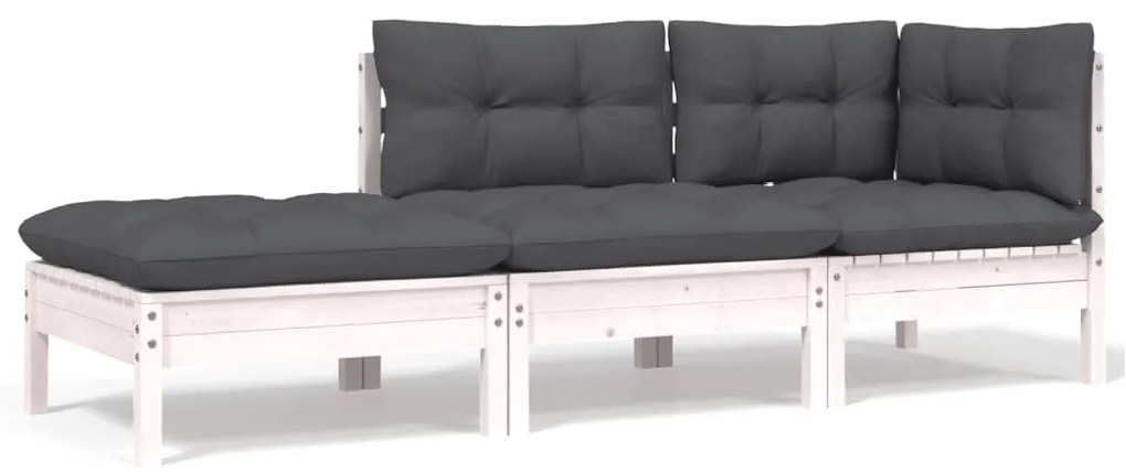 3 pcs conjunto lounge jardim c/ almofadões pinho maciço branco