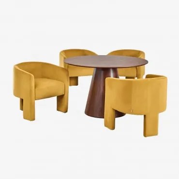 Conjunto De Mesa Redonda Ø120 Cm Em Folha De Nogueira Aura E 4 Cadeiras De Jantar Em Veludo Xastru Folheado De Nogueira - Sklum