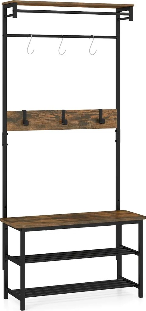 Móvel entrada, Hall 5 em 1 com sapateira, Ganchos e Cabides 80 x 32 x 169 cm Café