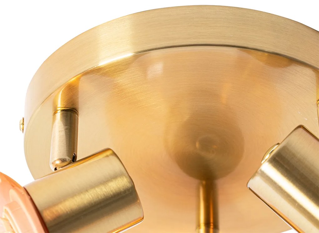 Foco de teto Art Deco dourado com vidro rosa 3 luzes - Vidro