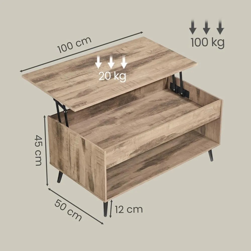 Mesa de sala, mesa de centro com altura ajustável 50 x 100 x 45/58,5 cm, compartimento oculto castanho-camelo e preto