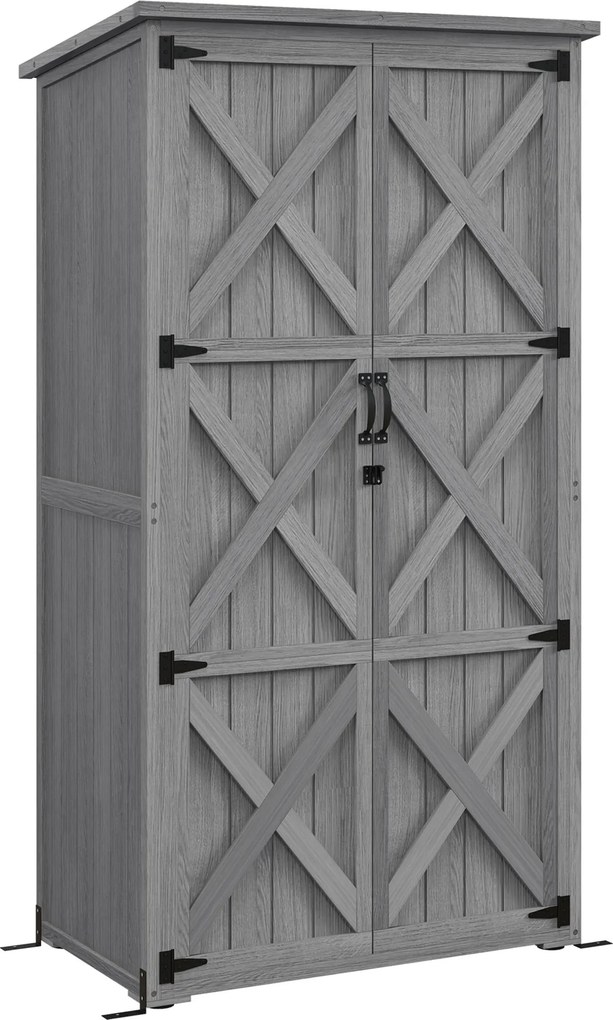Outsunny Armário de jardim, abrigo de jardim em pé, com 2 prateleiras, telhado inclinado e betuminoso, em madeira maciça, 90x54,5x168,5cm, cinza | Aosom Portugal