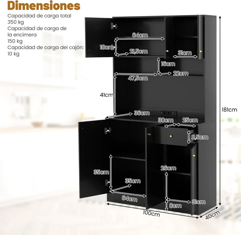 Armário de Cozinha / despensa 100 x 40 x 181 cm com tomadas elétricas, portas USB preto