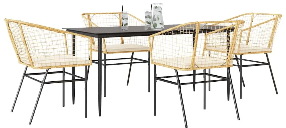 vidaXL Conjunto jantar jardim 5 peças almofadas vidro vime PE castanho