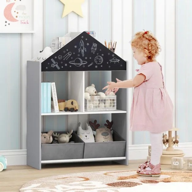 Estante em forma de casa para crianças Organizador de brinquedos em madeira com quadro branco 4 compartimentos 2 gavetas Cinzenta