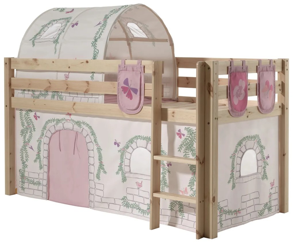 Conjunto Cama alta de Criança PINO 90 x 200 cm + estrado + escada + cortina + 3 bolsas + túnel Passaros Natural