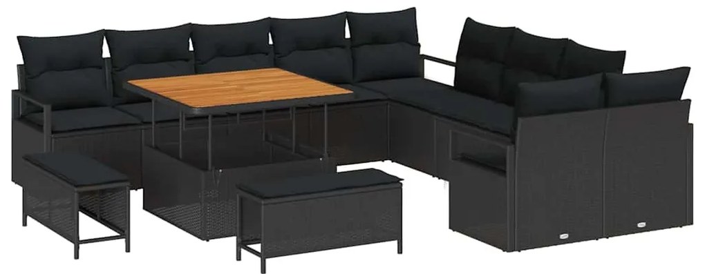 Conjunto de Sofá de Jardim de 13 Peças com Almofadas Preto em Rattan P